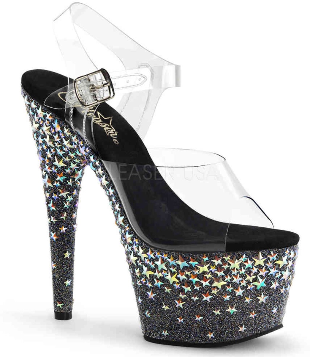 EU 36 = US 6 | STARSPLASH-708 | 7 Heel, 2 3/4 Ankle Strap Sandal w/Holo Stars